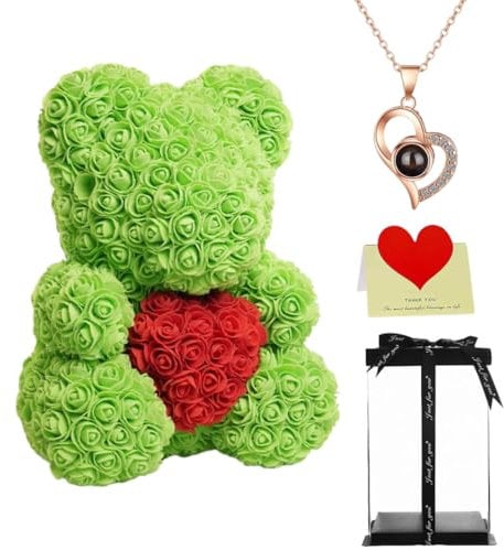 Rose Bear Gift with Heart-Shape Design, 16 Inch Artificial Flower Rose Teddy Bear with Gift Box, for Anniversary, Mother's Day, Wedding, Birthday, Romantic Gift for Her (Green)