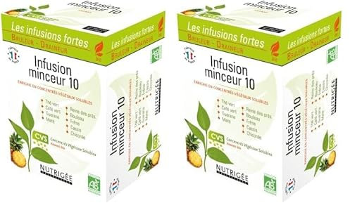 NUTRIGÉE - Infusion Minceur 10 Bio - Double Action - Brûle & Draine - Thé Vert, Café Vert, Guarana, Maté, Reine Des Prés, Bouleau, Frêne, Cassis, Chicorée - Concentrés Végétaux Solubles - 30 Sachets
