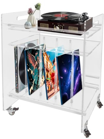 Acryl Beistelltisch mit Rollen – Schallplattenständer & Plattenspieler Regal – Moderner Record Player Stand für Wohnzimmer – 3-Etagen Aufbewahrungstisch für CDs, Bücher Transparent, 48x35x63cm, 20kg