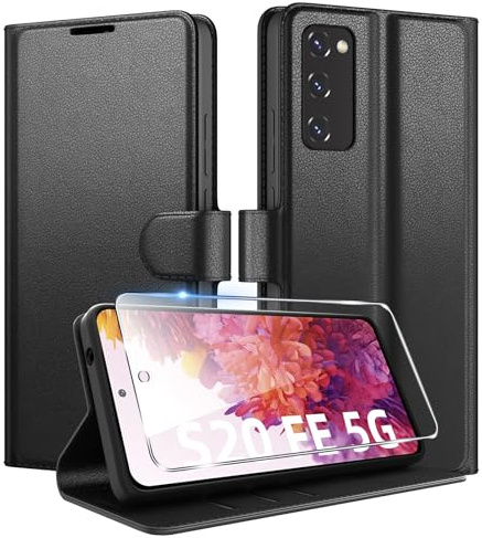 Coiwxmoi für Samsung Galaxy S20 FE 4G/5G Hülle Mit 1 Stück Panzer Schutz Glas, Premium PU Leder Handyhülle, Standfunktion Schutzhülle Kartenfach Stoßfeste Klapphülle Flip Case Cover Schwarz