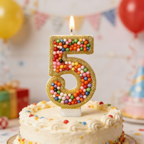 5 Number Birthday Candle - Food Grade Smokeless Cake Candles for Kids Party, Pastel Colored Decorative Candles with Shatterproof Packaging (Gold)