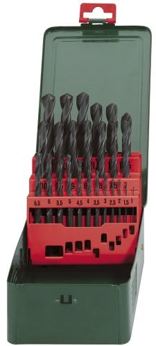 Metabo 627152000 627152000-Estuche metálico de Brocas HSS-R 25 Piezas Afilado de Superficie cónica de 118º diámetros de 1,0 a 13,0 mm x 0,5 mm, 0 W, 0 V, Negro
