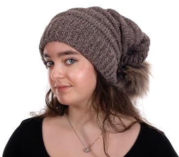 Birendy Beanie K Mütze, Pudelmütze, Strickmütze, dick und weich Wintermütze mit großer Fellbommel aus Fellimitat (Braun meliert 104)