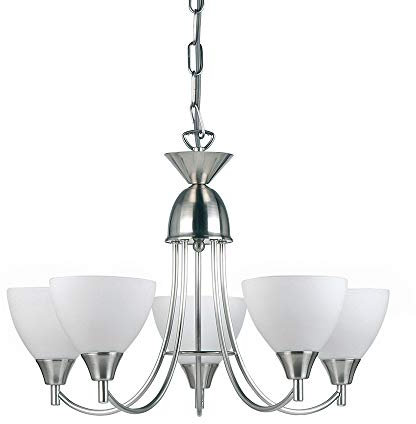 Andy Decorative 5 Way Satin Chrome Branch Arm Pendant Ceiling Light with Matt Opal Glass Shades