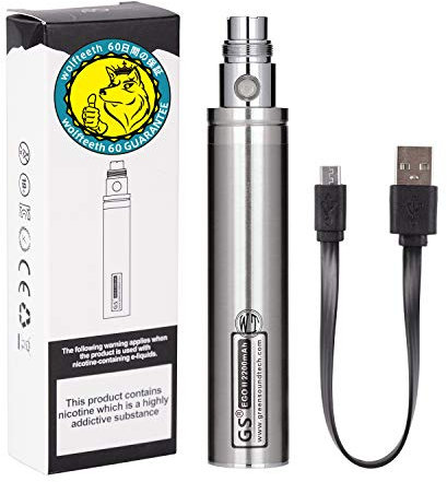 WOLFTEETH Genuine GS EGO II Prime 2200mAh Rechargeable Battery Bottom Micro USB Charge 510 Ego Charge, 510 E-Shisha E-Cigarette (0ml Nicotine Free/Silver 121501FBA)