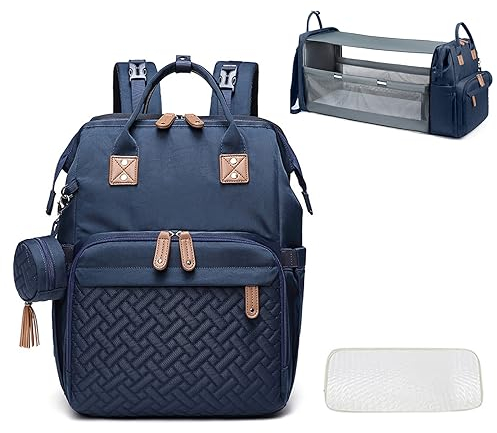 SONARIN Multifunktional Baby Wickelrucksack Wickeltasche mit Faltbarem Babybett,Tragbare Wasserdicht Wickeltasche Rucksack Kinderwagentasche mit Matte,Schnullertasche & USB-Anschluss(Dunkelblau)