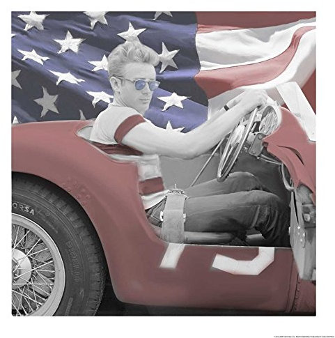 Feeling at home KUNSTDRUCK auf MATTE PAPIER 220gr James Dean Fahne blaue Sonnenbrille w Borte Michaels Jerry - Traditionell quadrat Poster Prominente James Dean Sports Bild auf cm_81_X_81