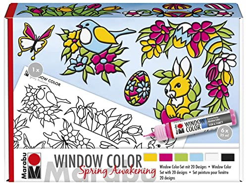 Marabu 0406000013909 - Window Color fun & fancy Spring Awakening Fensterfarbe auf Wasserbasis, 6 Stifte mit je 25 ml Farbe, 1 Malfolie A4 und 1 Malvorlage A3