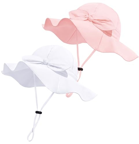 Baby Girl Sun Hat with UPF 50+ Outdoor Adjustable Beach Hat with Wide Brim Bucket Hats (0-6 Months, Pink & White -2pcs)