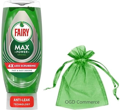 Fairy Max Power Washing Up Liquid, 640ml, Fast & Easy dosing Bottle + Gift for you: Organza small bag – Choose 1 Favorite Scent (Original)