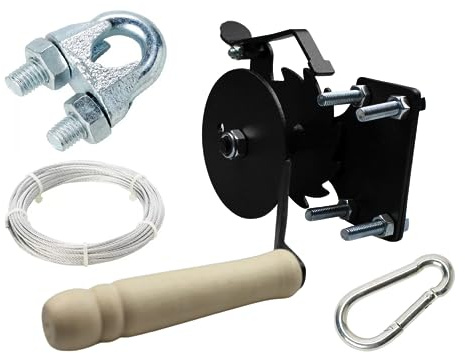 HUW - Barbecue Herd Kurbel Kit - Grillrolle - Kurbel für Grill - Seil- Kette - Einstellung der Rosthöhe - Holzgriff - 3 mm Stahl - Haspel - Karabinerhaken - Verzinktes Stahlseil - Seilklemme - Wurst