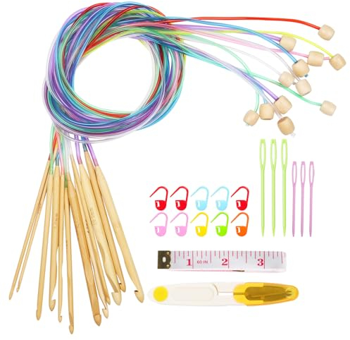 Aeeque Tunesische Häkelnadel mit Seil,12pcs Bambus Tunesische Häkelnadel Set für Anfänger, 3,0-10 mm Afghan Tunesische Häkelnadeln Kunststoff Kabel für Schals Teppich, Häkelnadel für Tunesisch Häkeln