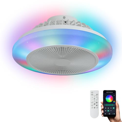Ceiling Fans with Lights and Remote Control RGB Led Dimmable Ceiling Fan Lights Quiet 6 Speed Reversible DC Motor Bladeless Flush Mount Ceiling Fans with Lamps for Bedroom Living Room Kids Room