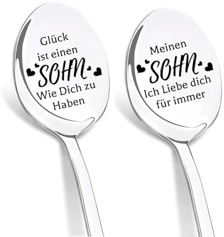 DIKARIYA Geburtstagsgeschenk für Sohn, 2er Kaffeelöffel mit Gravur Glück ist einen Sohn wie dich zu haben, Löffel mit Gravur Geschenk zum 18 Geburtstag Sohn, ABI Abschlussgeschenk für Sohn von Mama