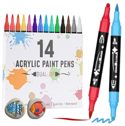 VynyQoo 14 Farben Acrylstifte Set, Acryl Stifte Steine Wasserfest, Acrylic Marker mit 0.5cm Doppelspitze, Acrylfarben Stifte für Holz Glas Stoff, Steine Bemalen Stifte für DIY Ostern Basteln Kinder