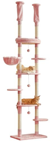 Quuzee Floor to Ceiling Cat Tree, 7 Tiers Cat Tower, Adjustable 234-258cm with Hammock,Platforms and Sisal-Covered Scratching Posts for Indoor Cats, Pink