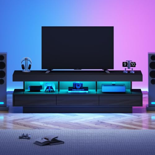 Merax Mobile TV con illuminazione a LED, per TV fino a 70 pollici, design moderno da parete per soggiorno, colore nero lucido con scomparti in vetro