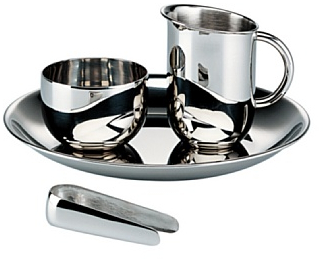 Alessi 90042 Service Sucre et Crème: Plateau, Pot à Crème, Sucrier, Pince à Sucre en Acier Brillant