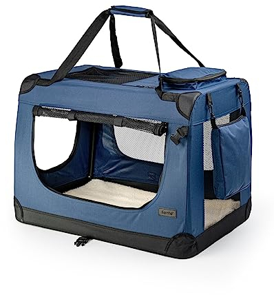 lionto Caisse de Transport Pliable pour Chien & Chat, 90x61x65 cm, Tissu Oxford Robuste + poignées & Couverture, pour Animaux Jusqu’à 22 kg, Caisse pour Petits & Grands, Bleu foncé