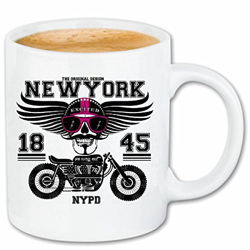 NEW YORK Police Department Skull Bikershirt Gothic BIKE CLUB MC Motorcycle Chopper Keramik Kaffeebecher 330 ml, weiß Teetasse Spülmaschinenfest mikrowellengeeignet Geschenkidee, Motiv 302226