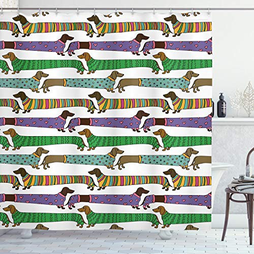 ABAKUHAUS Hundeliebhaber Duschvorhang, Dackel in Kleidung, Stoffliches Gewebe Badezimmerdekorationsset mit Haken, 175 x 200 cm, Grün Lila Braun