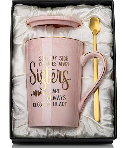 Doublewhale Sister Birthday Gifts, Sister Gifts from Brother Sisters - Gift for Sisters on Her Birthday Christmas, 14OZ Marble Ceramic Coffee Mug with Lid Card Spoon, Present Box