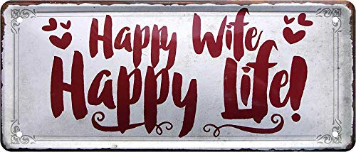 schilderkreis24 - Blechschild Schöner Spruch “Happy Wife Happy Life!“ Deko Schild Geschenkidee Freude Tür Glück Leben Optimismus Geschenk zum Geburtstag oder Weihnachten 28x12 cm