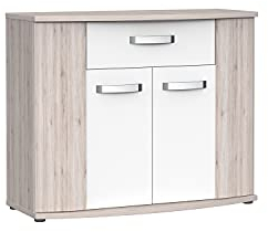 FORTE Rondino Kommode mit 2 Türen und 1 Schublade, Holzwerkstoff, Sandeiche mit Weiß Hochglanz, 43 x 99,7 x 81,5 cm