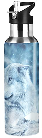 Vnurnrn Mignon Animal Sauvage Loup Bouteille d'eau Isotherme avec Paille en Acier Inoxydable Gourde 600ML, Sans Bpa Gourdes Eau pour Enfant Sport Randonnée École Bureau