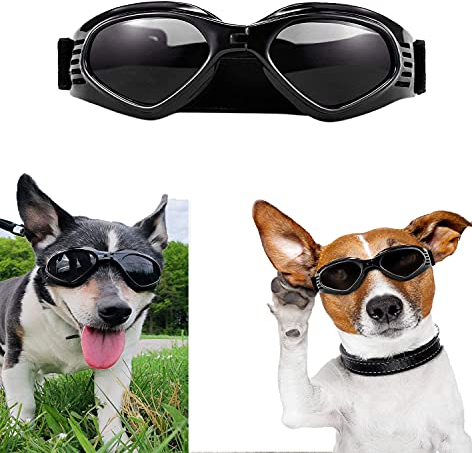 Hundebrille UV Wasserdicht Winddicht Einstellbar Haustier-Sonnenbrille Mode Hunde Schutzbrille für kleine und mittlere Hunde (Schwarz)