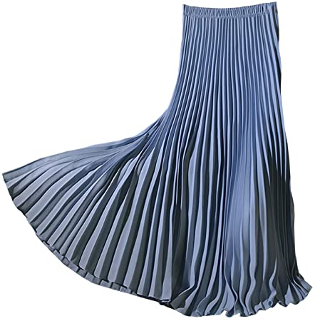 Lang Faltenröcke Damen Elastische Hohe Taille Swing Rock Plisseerock Hellblau L