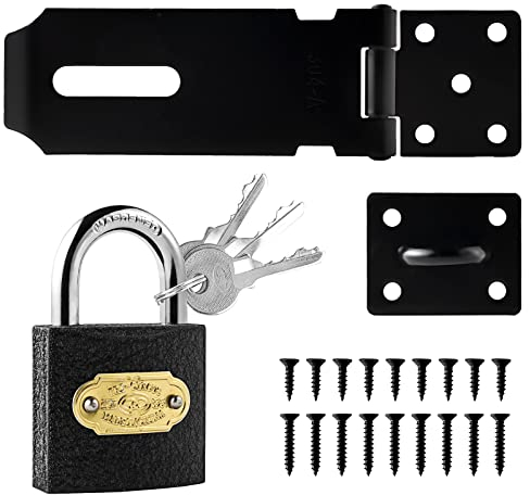 4inch Shed Lock 90°Gate Lock 180°Door Latch Hasp Shed Door Latch Hasp and Staple with Padlock Door Hasp Lock for Garden Sheds Underground Garages Bedrooms Cabinets(Black 4inch)