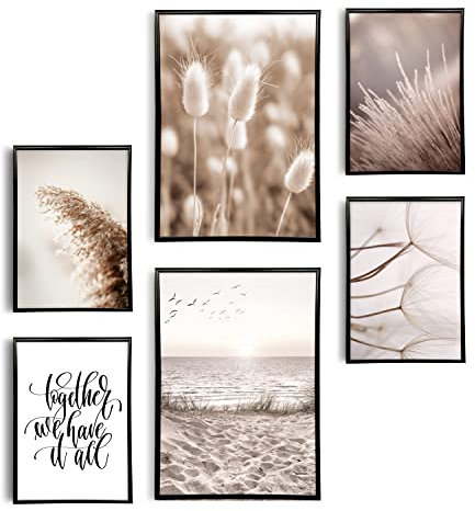 decomonkey | 6er Poster Set OHNE Bilderrahmen | Boho Abstrakt | 4 x DIN A4 & 2 x DIN A3 | Wohnzimmer Schlafzimmer Wandposter Blider Collage Modern Wanddeko Natur Lanschaft Meer Pflanzen Beige