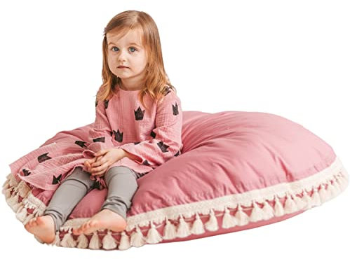 MINICAMP Riesiges Bodenkissen geeignet als Dekoration für Kinderzimmer - aus 100% Baumwolle - mit Bommeln am Rand - weich & bequem - Rosa - Extragroß