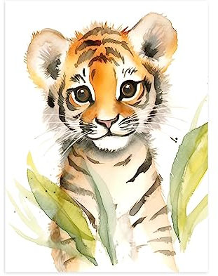 CCWACPP Baby Aquarell Tiere Wandbilder Tiger Bild Wald Safari Tier Poster Kinderzimmer Tier Leinwanddrucke für Kinderzimmer Dekor Kein Rahmen 40x60 cm