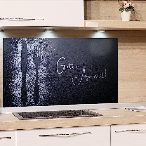 GRAZDesign Spritzschutz Küchenrückwand Glas Küche für Herd & Küchenspüle, Grau Guten Appetit Glasplatte Rückwand Küchenwand Wandschutz | 80x40cm
