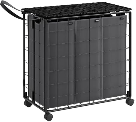 SONGMICS Wäschekorb 3 Fächer, 130 L, Faltbarer Wäschesammler mit Rollen, Wäschebox, Wäschewagen mit Deckel, Wäschesack herausnehmbar, 66 x 33 x 65 cm, tintenschwarz-schiefergrau LCB313B11