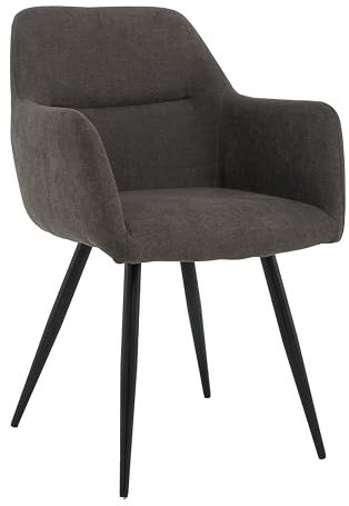 Esszimmerstuhl Dunkelgrau - Leinen Küchenstuhl - Gepolsterter Wohnzimmerstuhl Armlehnensitz - Schwarz Pulverbeschichtete Metallbeine