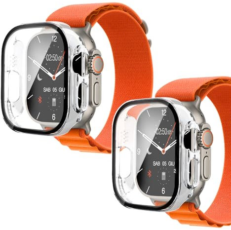 Crymow Cover per Apple Watch Ultra/Ultra 2 49 mm,Vetro Temperato Pellicola Protettiva,Ultra HD Clear,PC Rigido Case Protettiva Ultrasottil per Apple Watch Ultra/Ultra 2 49mm,Trasparente[2 Pezzi]