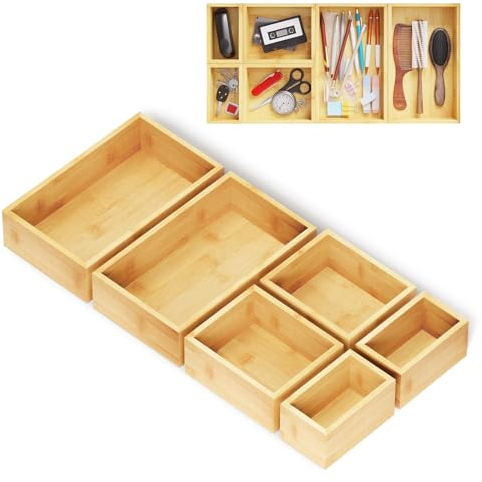 Reixuier Organizador de Cajones de Madera de Bambú,Organizadores de Cajones, Combinable Individualmente, Adecuado Para Cocinas, Estudios y Oficinas (6 Piezas)