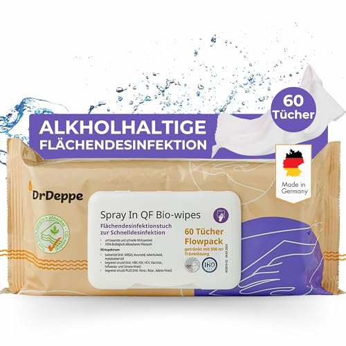 DrDeppe Spray In QF Bio Wipes - Desinfektionstücher für Flächen 100% biologisch abbaubar, alkoholhaltige Schnelldesinfektion für die einfache und schnelle Flächendesinfektion (60Tücher)