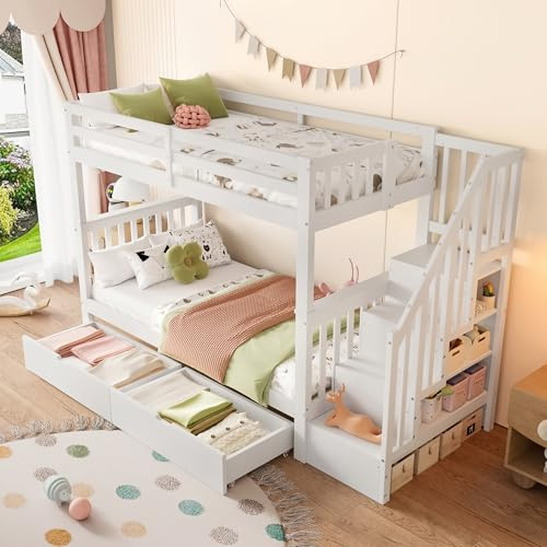 Zravenna Litera 90 x 200 cm, estantería para escaleras, con dos cajones, barandilla alta, cama alta con espacio de almacenamiento, cama doble funcional blanca (90 x 200 cm, cajones)