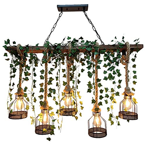 Lampadari Decorativi con Piante Verdi e Rose da Fattoria, Lampadario in Legno in Corda di Canapa in Stile Industriale retrò, Lampadari per Sala da Pranzo, Bar, Negozio di Abbigliamento, Caffetteria (