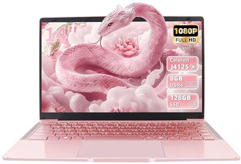 Fsjun 14 Zoll Laptop Roségold, FHD Display, 4 Kern Prozessor J5005 (bis zu 2,8GHz), 8GB DDR4 RAM, 128GB SSD, Win11 Pro, Office 2024, Webcam, USB 3.0 x2, Mini-HDMI, Ultra-dünn, Notebook für Anfänger