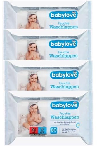 Babylove Feuchte Waschlappen - Sanfte Reinigung mit Aloe Vera & Kamille, für empfindliche Babyhaut & Erwachsene, 4 x 80 Stück + Halley Bedding Notizblock Set