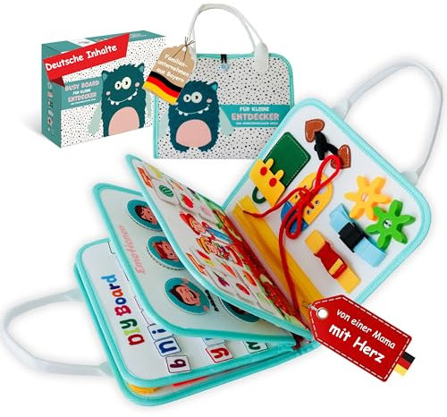Carmello Busy Board deutsch, Montessori Spielzeug ab 3 Jahre, Busy Book mit 8 Seiten und 29 Aktivitäten, Busyboard, Quiet Book, Activity Board, Motorikspielzeug