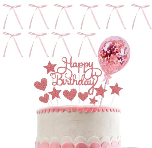YGCQFH Rose Gold Birthday Cake Topper Decorations, Balloon Cake Topper with 10 Mini Pink Bows Cake Bow Decor, Rose Gold Cake Decorations, Glitter Happy Birthday Cake Toppers for Party