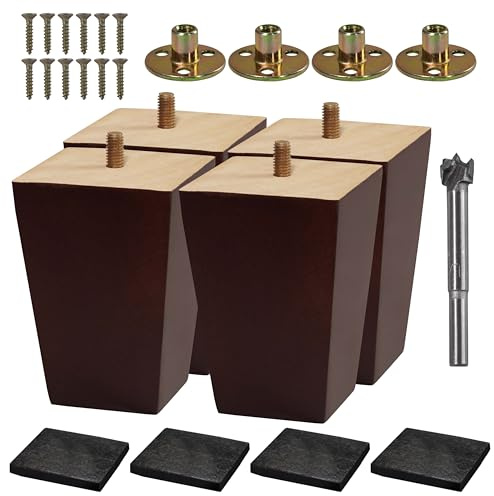 VASGOR Set of 4 Wood Furniture Legs (Drill Bit Included) - Square Sofa Legs, Couch Leg - Brown Mid-Century Modern Replacement Legs for Armchair Recliner Coffee Table Dresser (4)