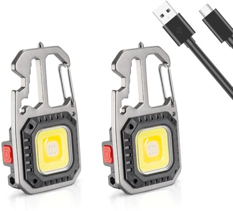 Yuragim Mini Taschenlampe Schlüsselanhänger, 2 Stück Mini LED Licht USB Aufladbar Werkstattlampe 500lm,4 Lichtmodi, Kleines Notlicht mit faltbarer Halterung Flaschenöffner für Angeln,Camping,Reparatur