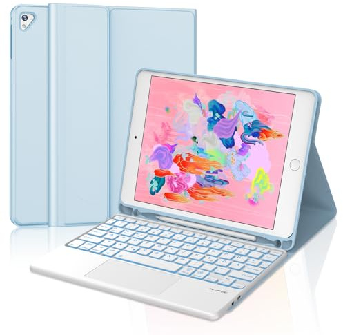 JADEMALL Für iPad 6 9,7& Air 2 Hülle mit Touchpad & Beleuchtung QWERTZ | Mit 7-Farben Beleuchtung & Touchpad - Premium Schutzhülle mit Tastatur, Für iPad 6. Generation Hülle mit Tastatur Hellblau